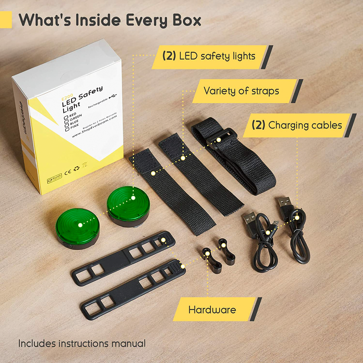 Everbeam E200 LED Safety Lights Rechargeable - 2 Pack (green)