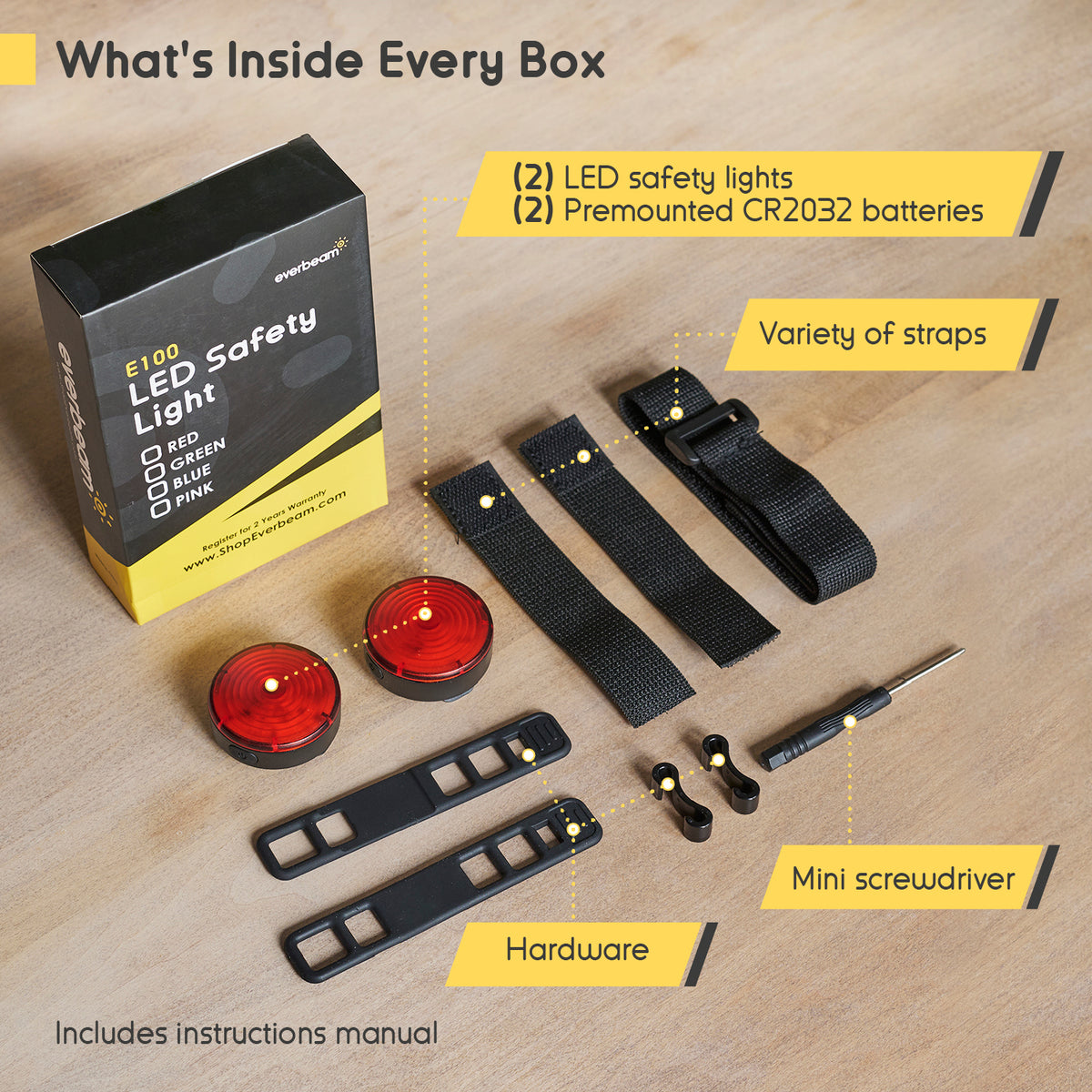 Everbeam E100 LED Safety Lights - 2 Pack (red)