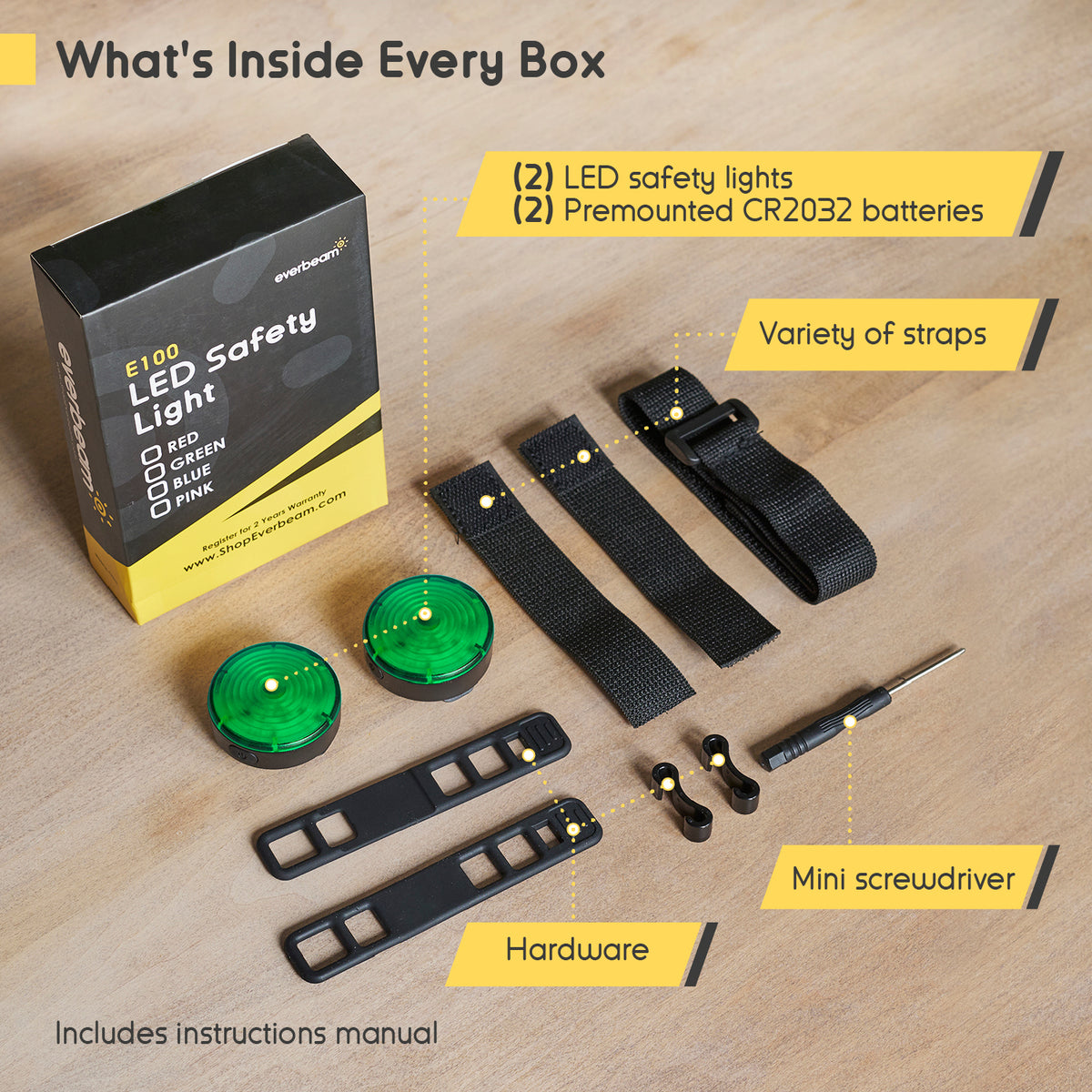 Everbeam E100 LED Safety Lights - 2 Pack (Green)